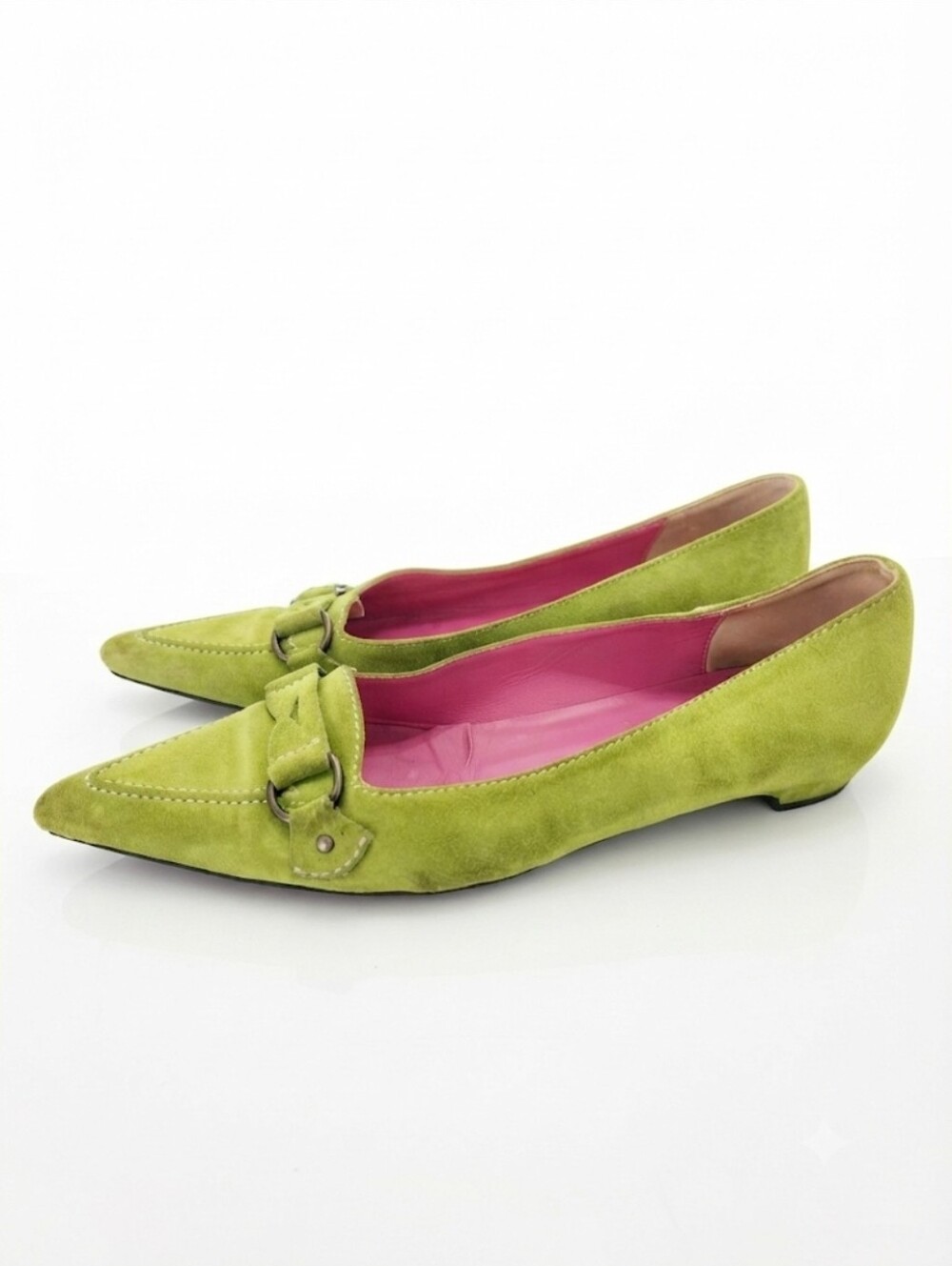 J. Crew Lime Green Suede Pointed Toe Flats with Pink Lining Size 7
